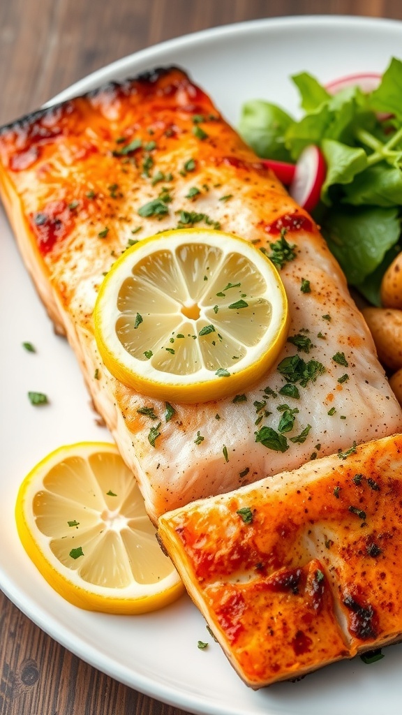 Air fryer salmon fillet garnished with herbs and lemon, served with vegetables on a plate.